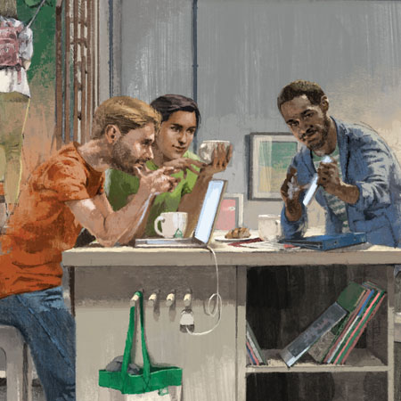 Illustration of people having a meeting at their desks